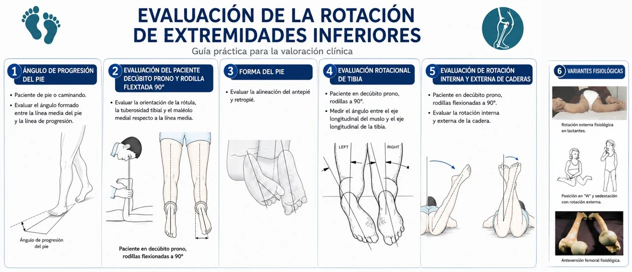 Infografía de la evaluación clínica de la rotación de las extremidades inferiores: ángulo de progresión del pie, forma del pie, torsión tibial y rotación interna y externa de caderas